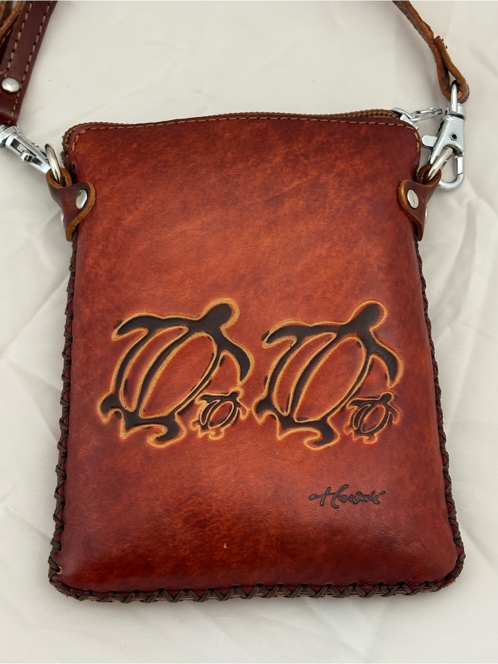 Hawaiian Sea Turtle Embossed Crossbody Bag Brown Boho Zippered Purse Artisan Bag